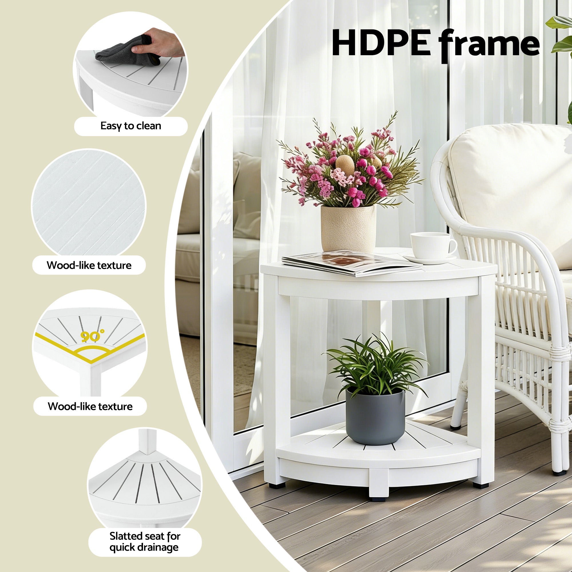 Gardeon Outdoor Coffee Side Table HDPE Desk Corner Shower Stool Bench Seat with Storage Shelf White - Homecoze
