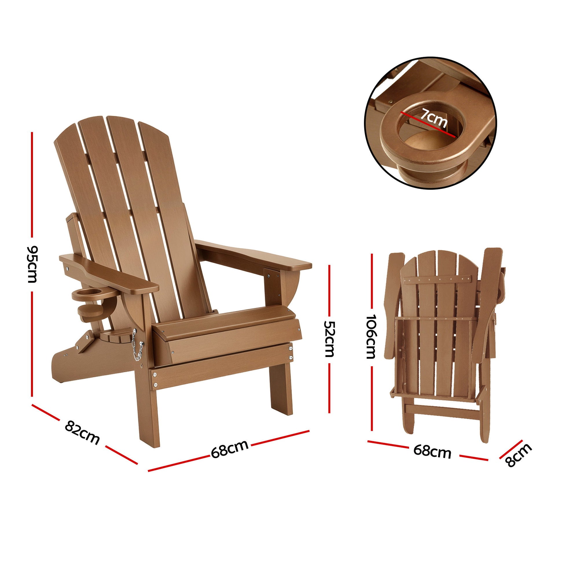 Gardeon Outdoor Chairs Folding Adirondack Beach Chair HDPE Sun Lounge Patio Furniture Garden Brown - Homecoze