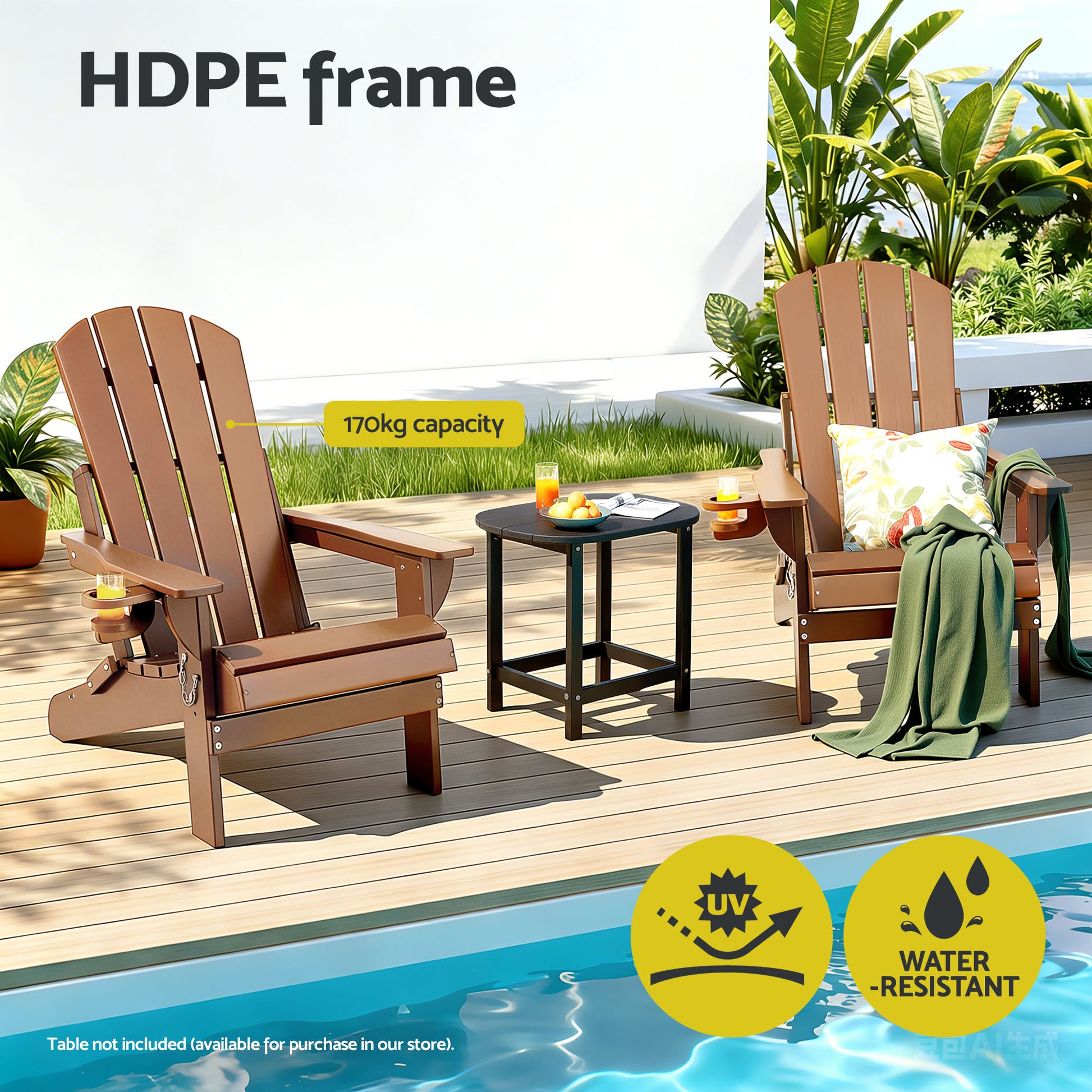 Gardeon Outdoor Chairs Folding Adirondack Beach Chair HDPE Sun Lounge Patio Furniture Garden Brown - Homecoze