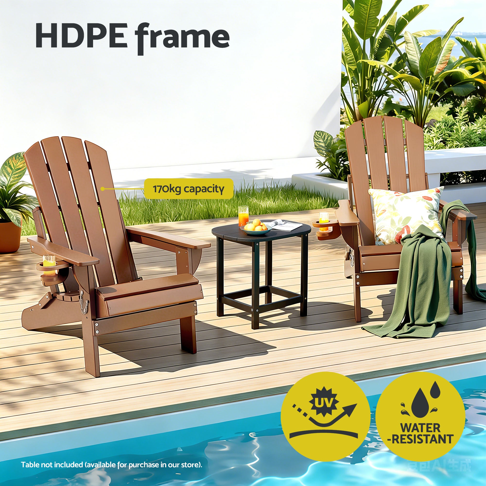 Gardeon Outdoor Chairs Folding Adirondack Beach Chair HDPE Sun Lounge Patio Furniture Garden Brown - Homecoze