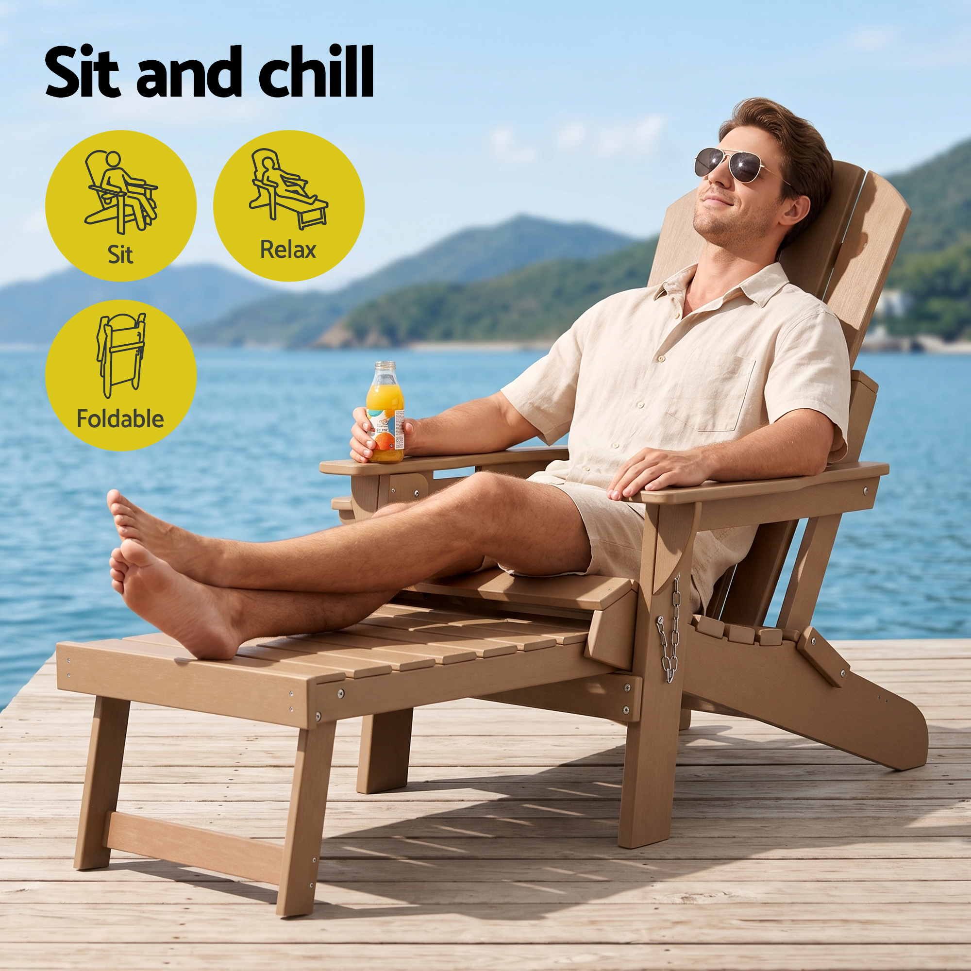 Folding Adirondack Poly Outdoor Chair with Footrest – Khaki Brown