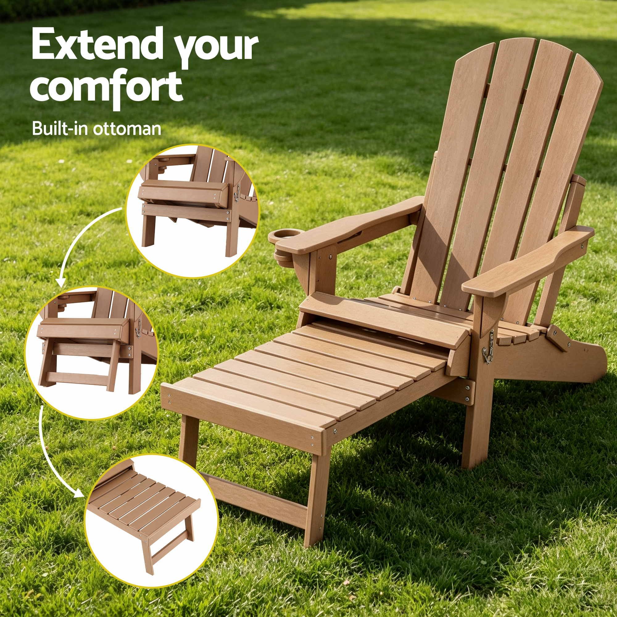 Folding Adirondack Poly Outdoor Chair with Footrest – Khaki Brown