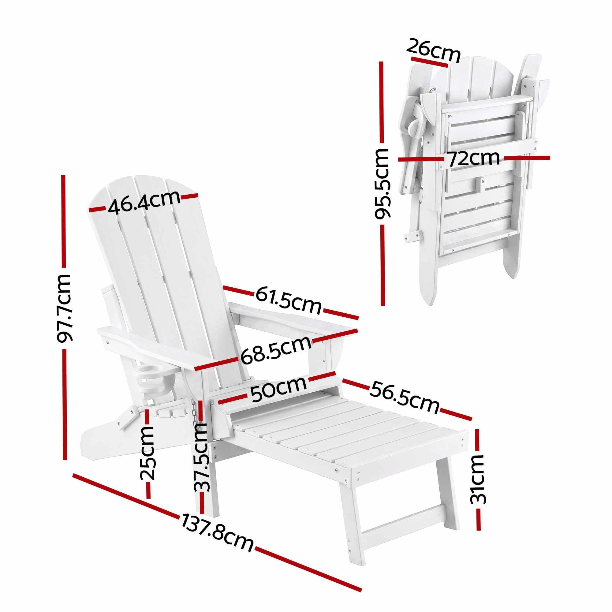 Folding Adirondack Poly Outdoor Chair with Footrest – White