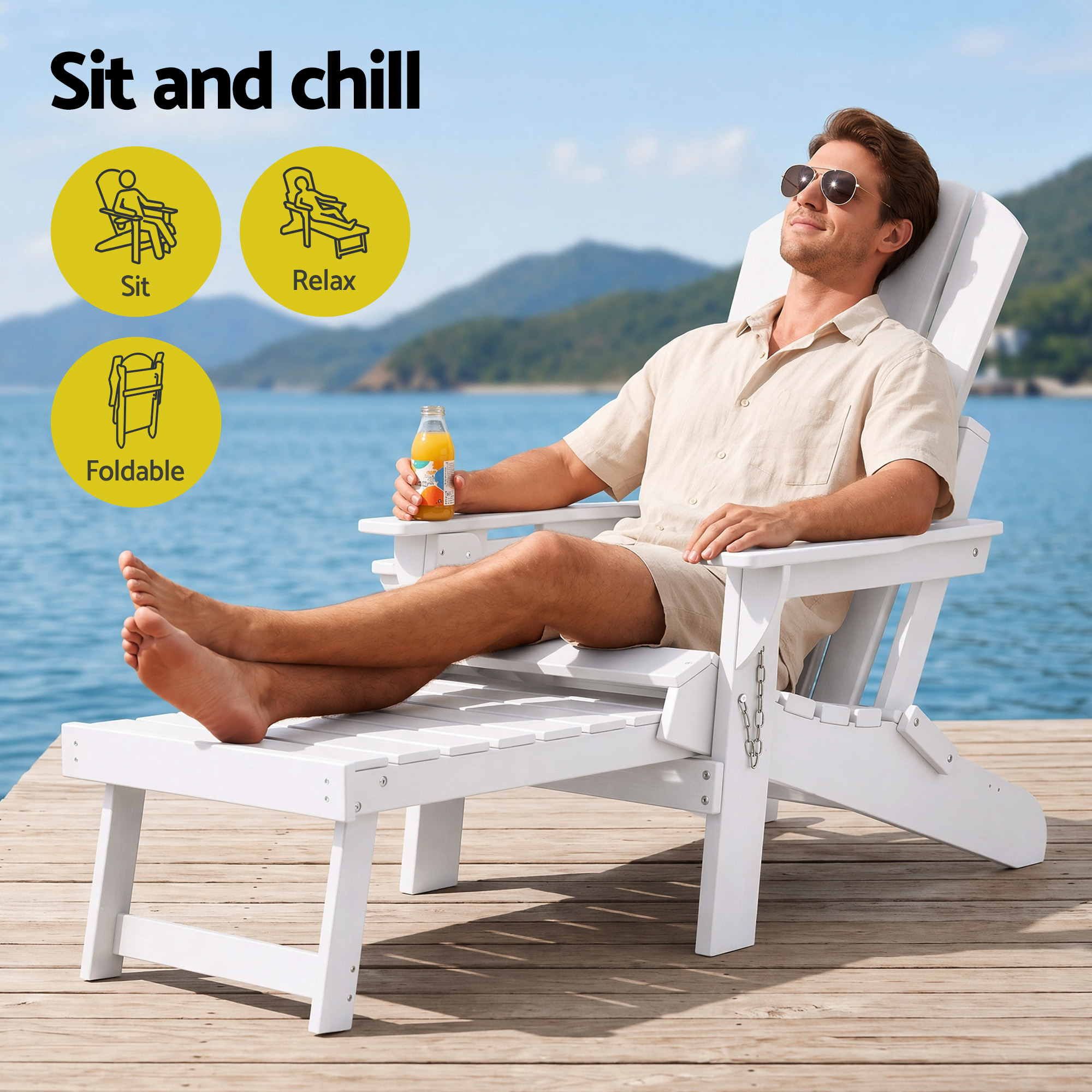 Folding Adirondack Poly Outdoor Chair with Footrest – White