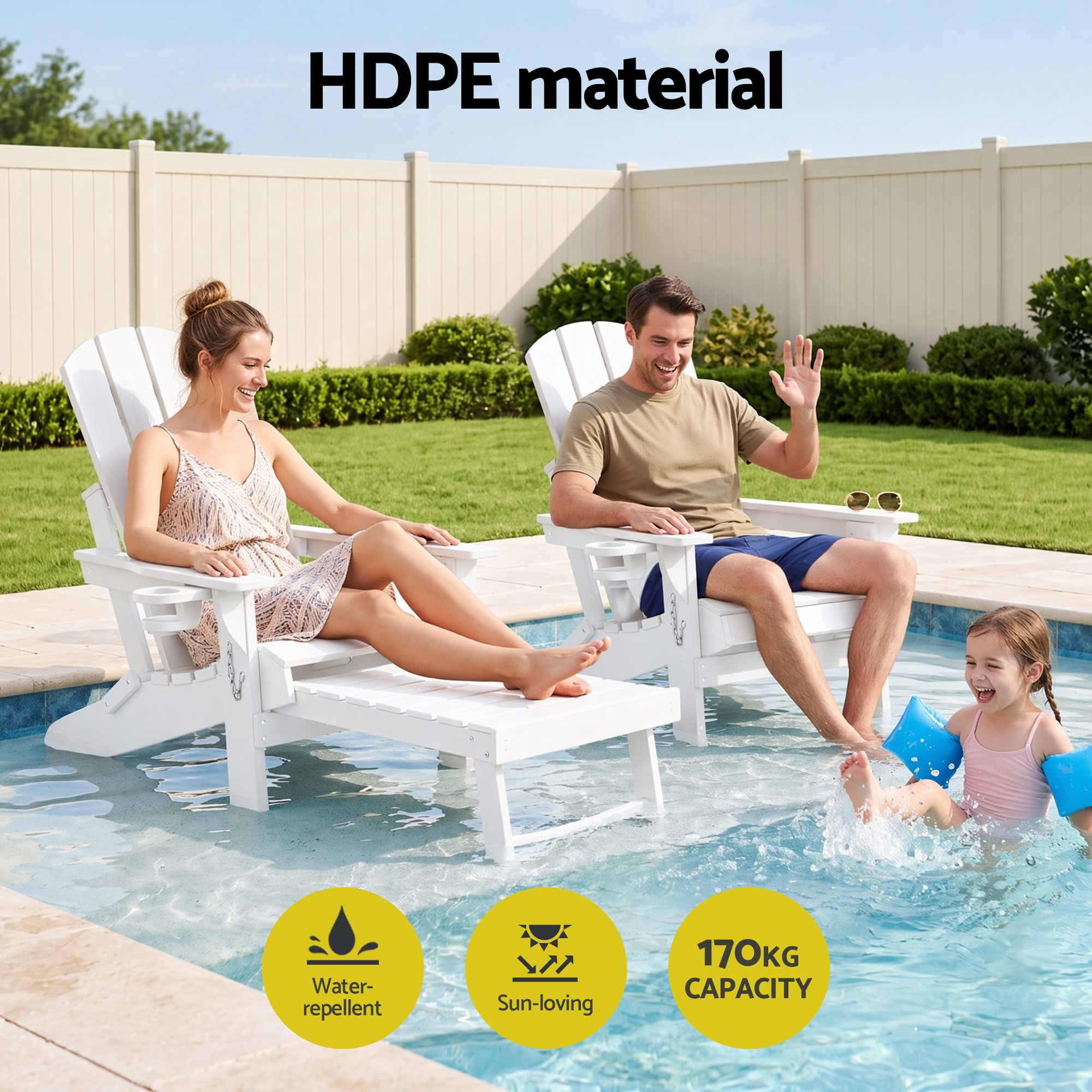 Folding Adirondack Poly Outdoor Chair with Footrest – White
