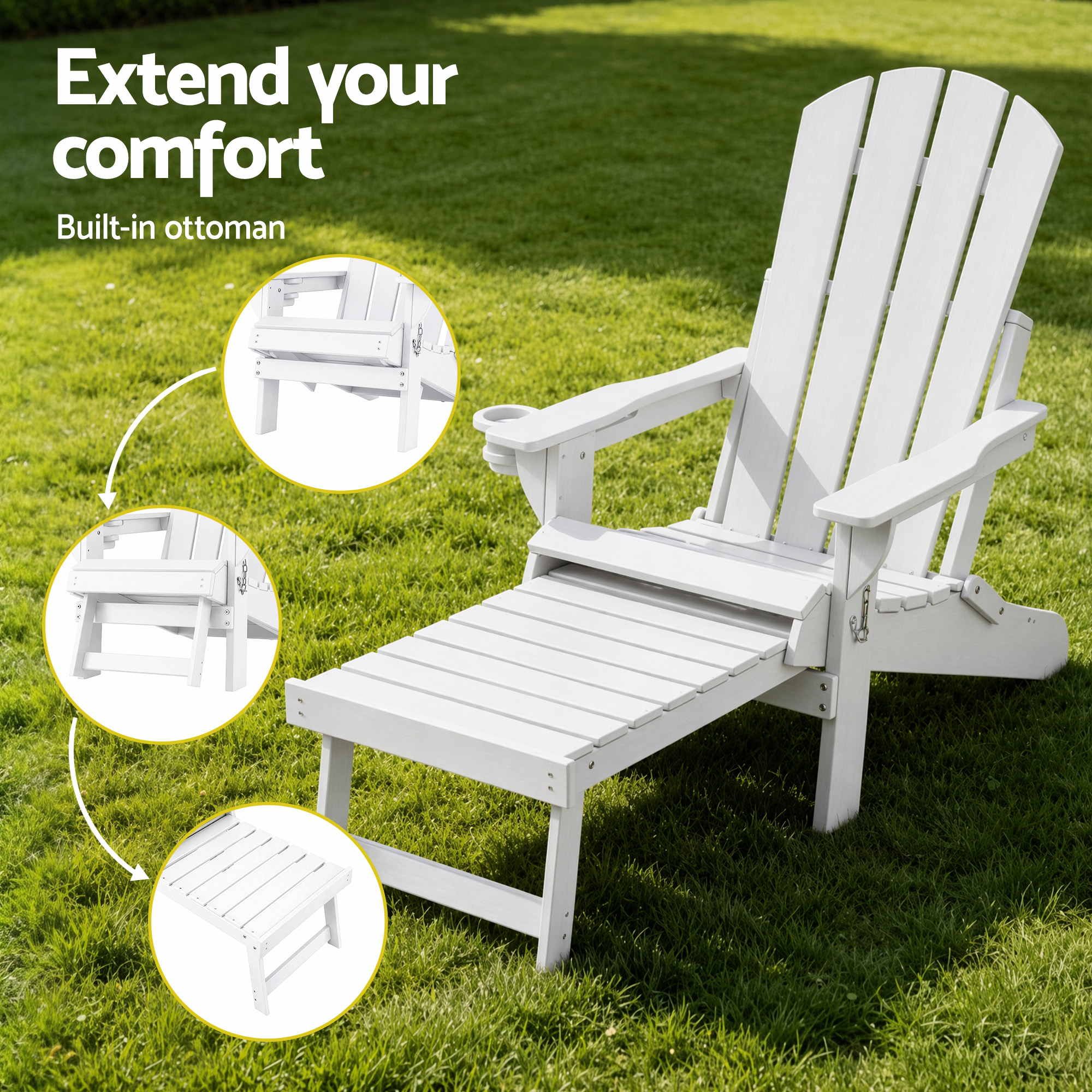 Folding Adirondack Poly Outdoor Chair with Footrest – White