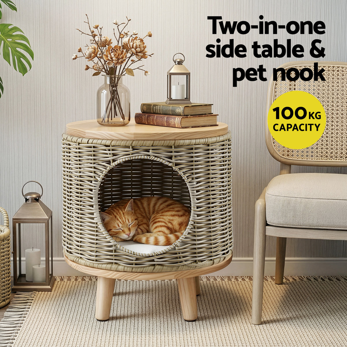 Dog Rest Table Rattan Side Table with Built-In Pet Bed – Homecoze
