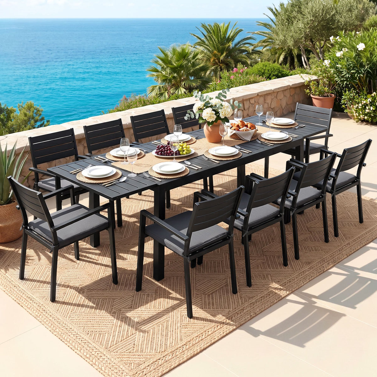 10-Seat Extendable Aluminium Outdoor Dining Set – Black