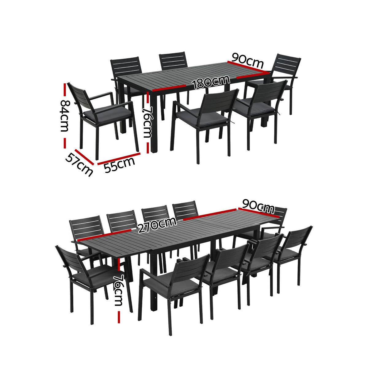 10-Seat Extendable Aluminium Outdoor Dining Set – Black