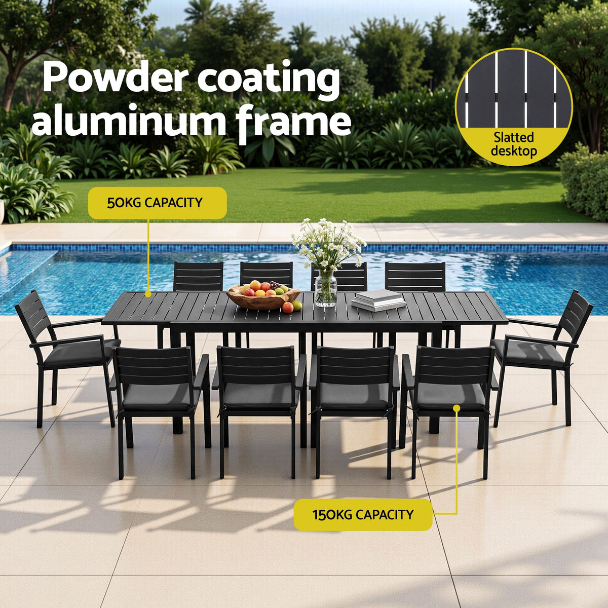 10-Seat Extendable Aluminium Outdoor Dining Set – Black