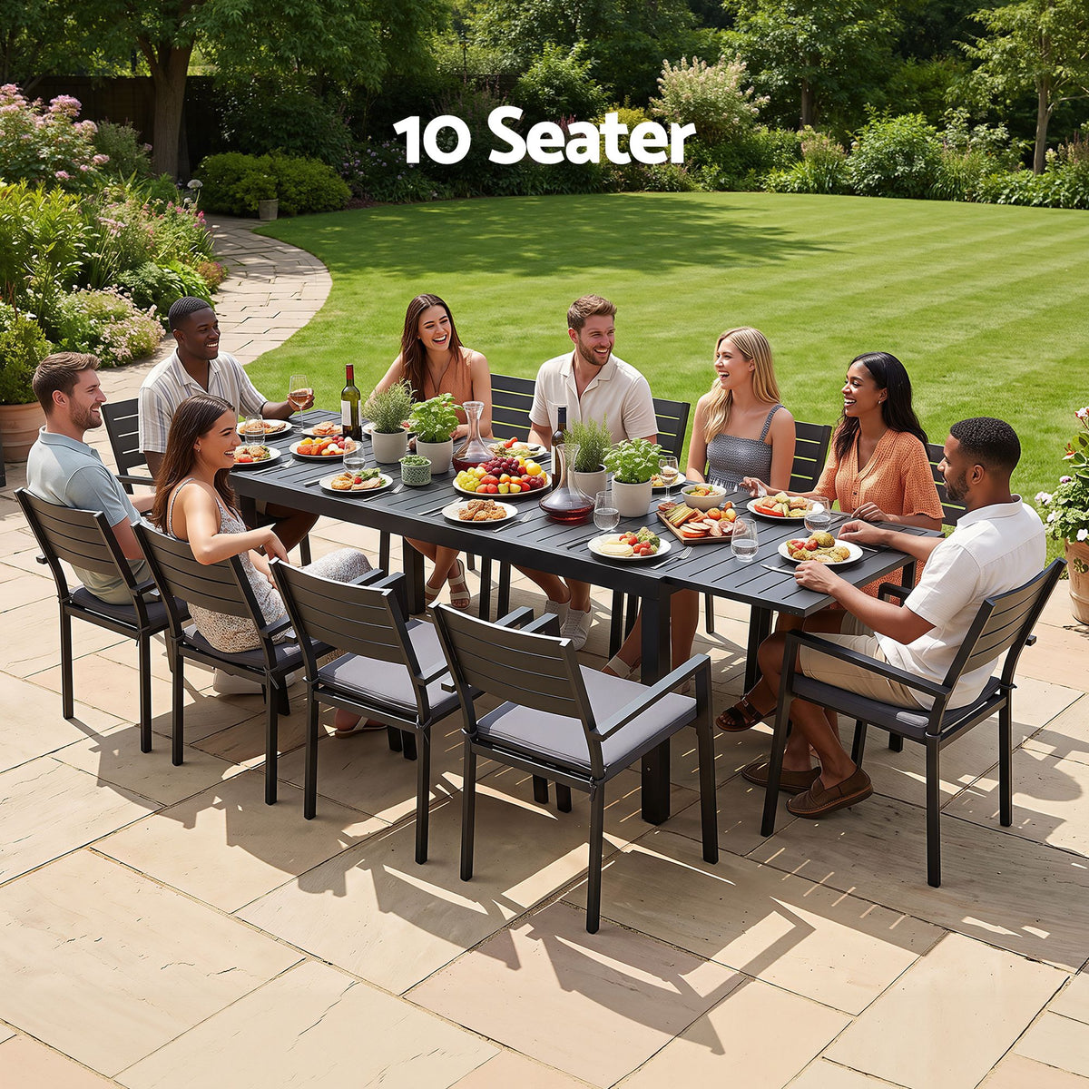 10-Seat Extendable Aluminium Outdoor Dining Set – Black