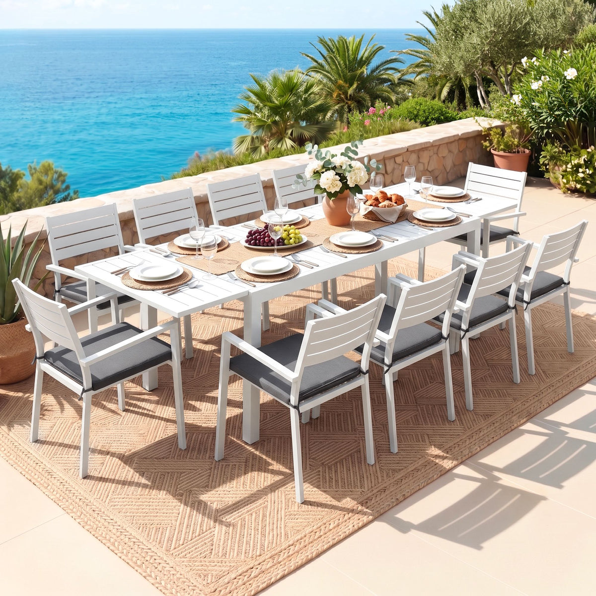 10-Seat Extendable Aluminium Outdoor Dining Set – White