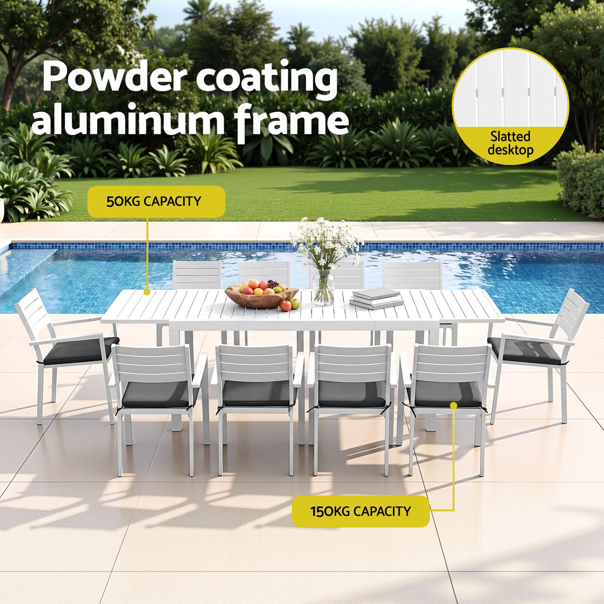 10-Seat Extendable Aluminium Outdoor Dining Set – White