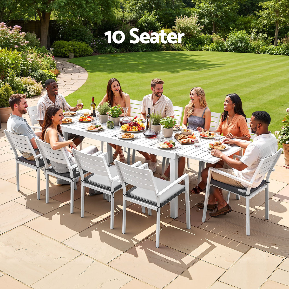 10-Seat Extendable Aluminium Outdoor Dining Set – White
