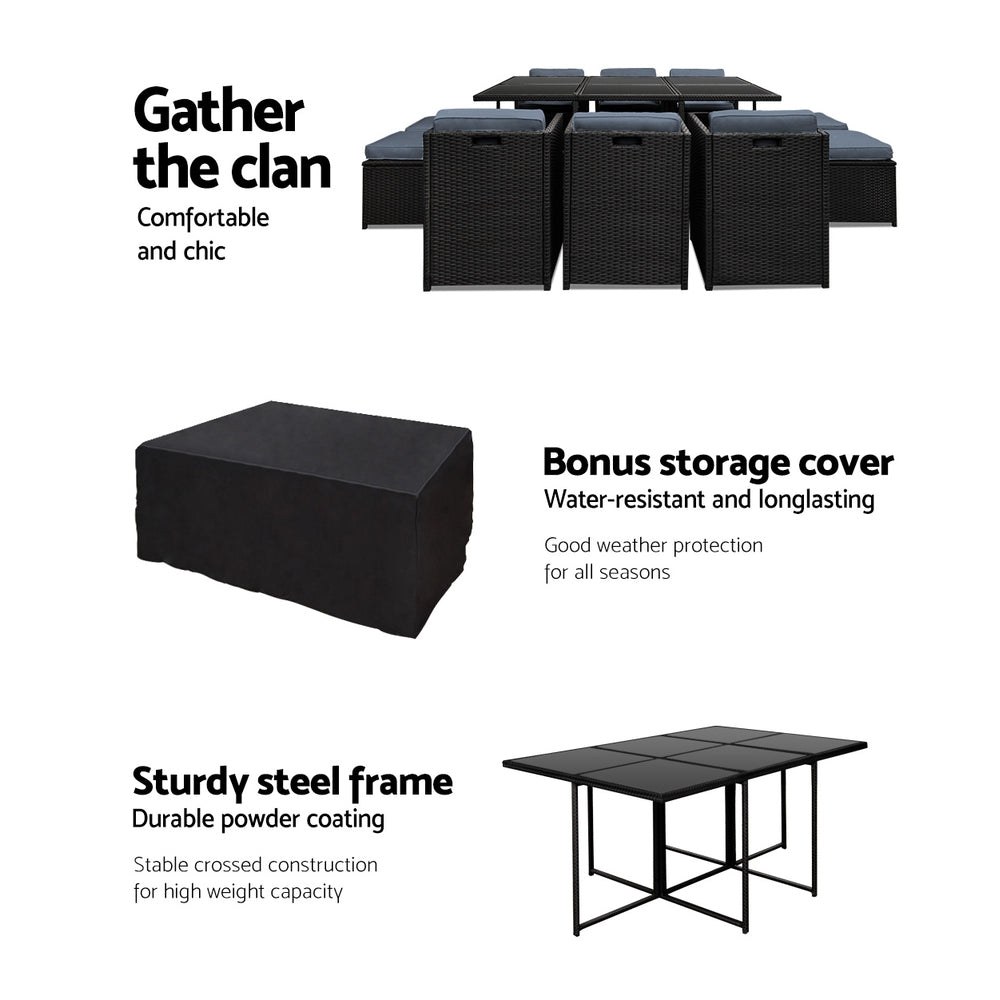 11PC Wicker Outdoor Dining Set - Black - Homecoze