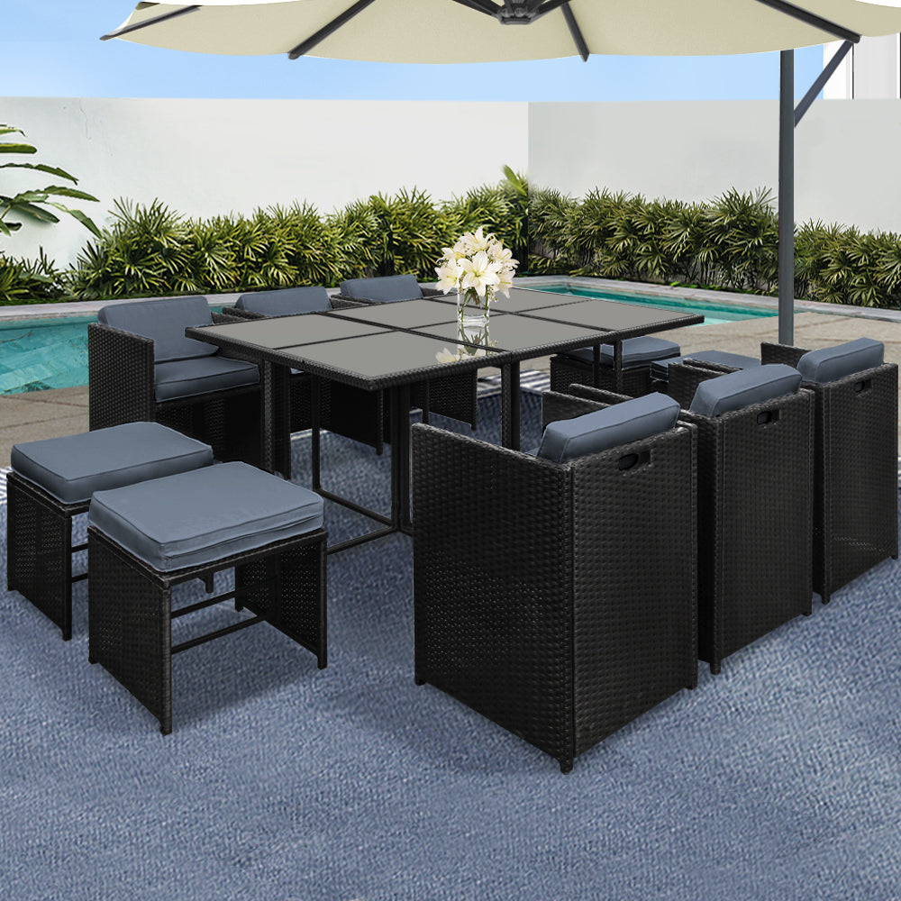 11PC Wicker Outdoor Dining Set - Black - Homecoze