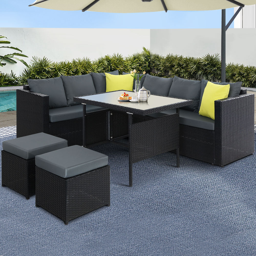 Rattan Outdoor Sofa Dining Set - Black - Homecoze