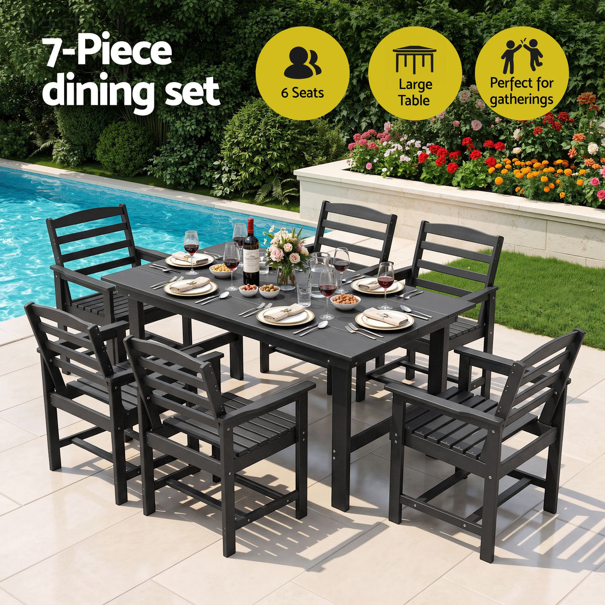 6-Seat HDPE Outdoor Dining Set - Black