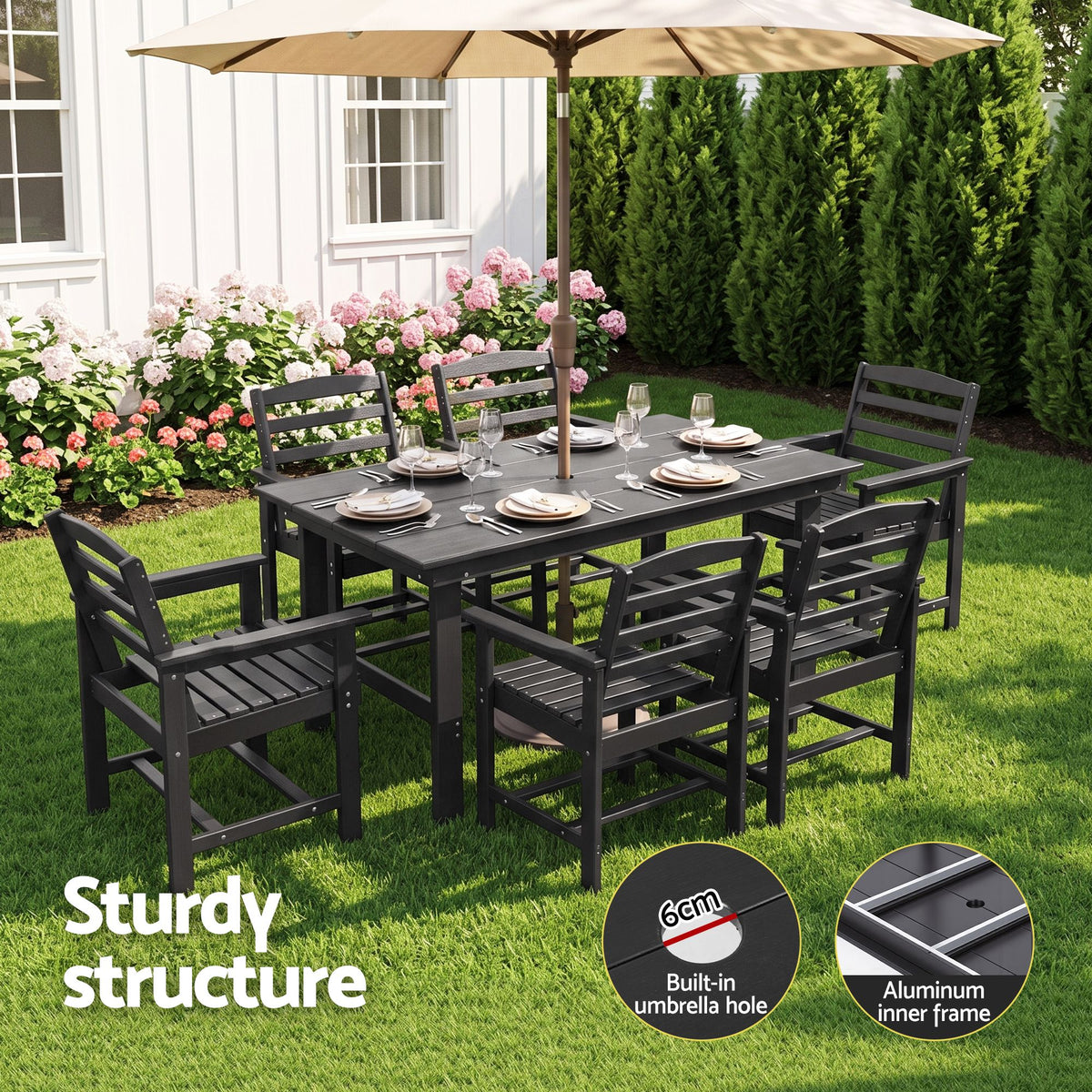 6-Seat HDPE Outdoor Dining Set - Black