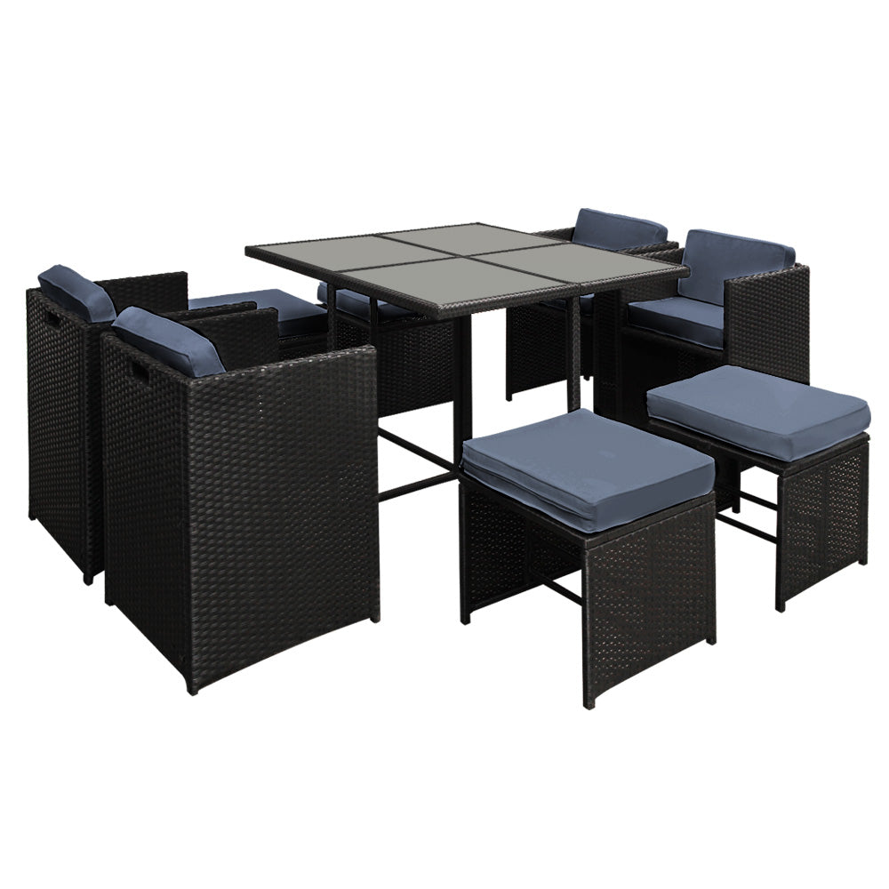 9PC Wicker Outdoor Dining Set - Black - Homecoze