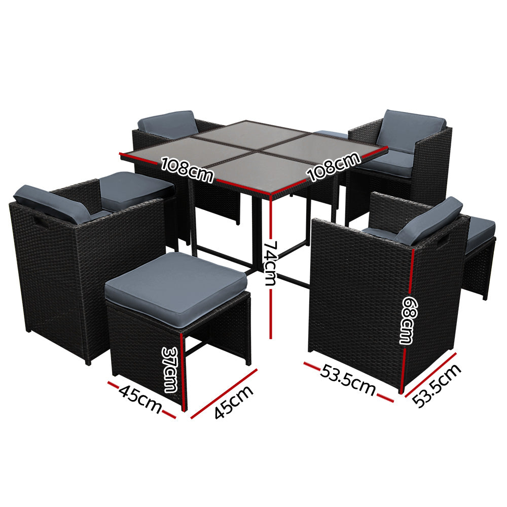 9PC Wicker Outdoor Dining Set - Black - Homecoze