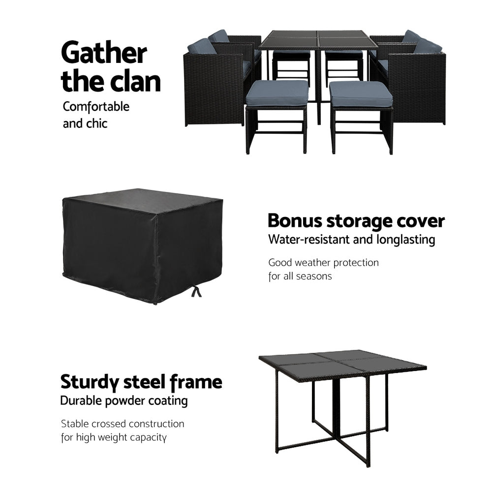 9PC Wicker Outdoor Dining Set - Black - Homecoze