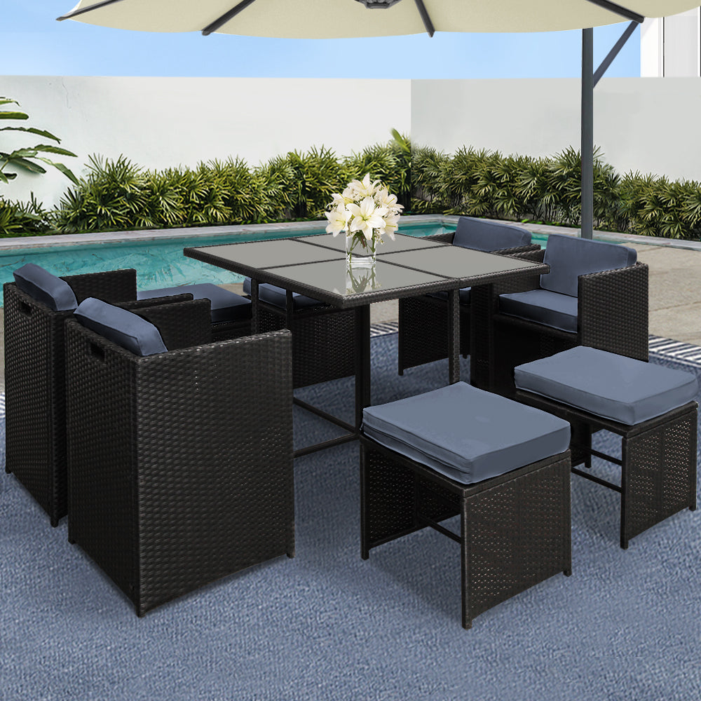 9PC Wicker Outdoor Dining Set - Black - Homecoze