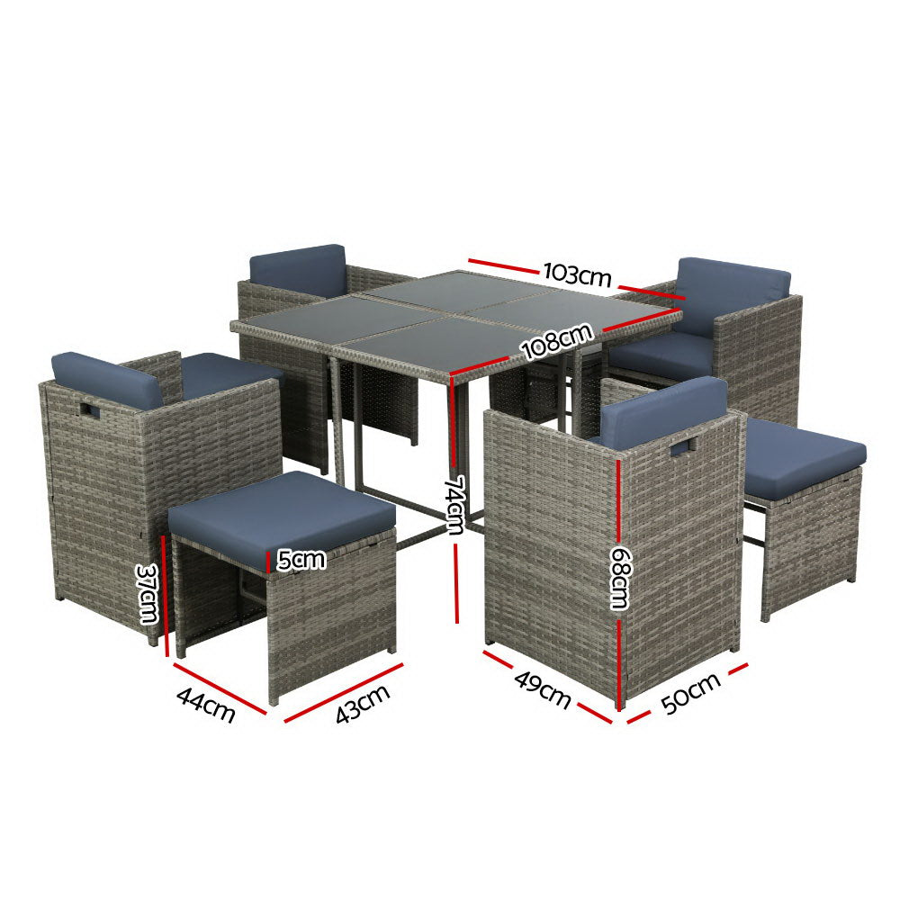 9 Piece Wicker Outdoor Dining Set - Mixed Grey - Homecoze