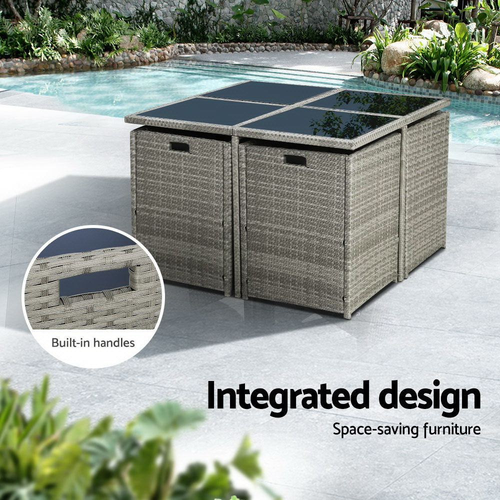 9 Piece Wicker Outdoor Dining Set - Mixed Grey - Homecoze