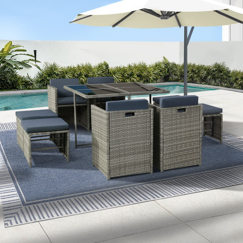 9 Piece Wicker Outdoor Dining Set - Mixed Grey - Homecoze