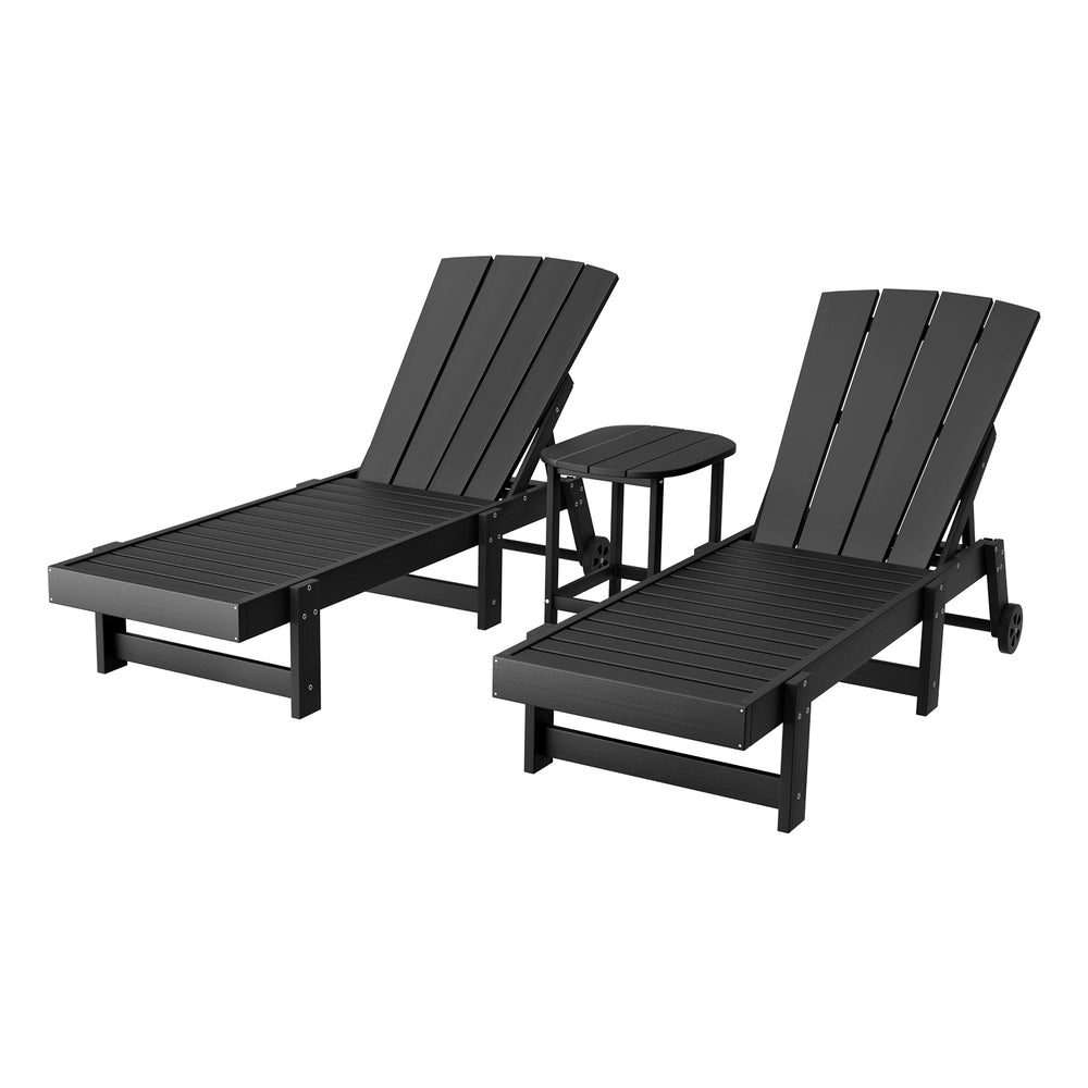Gardeon Sun Lounge Lounger Table and Chairs Beach Chair HDPE Patio Outdoor Furniture Wheels Black - Homecoze
