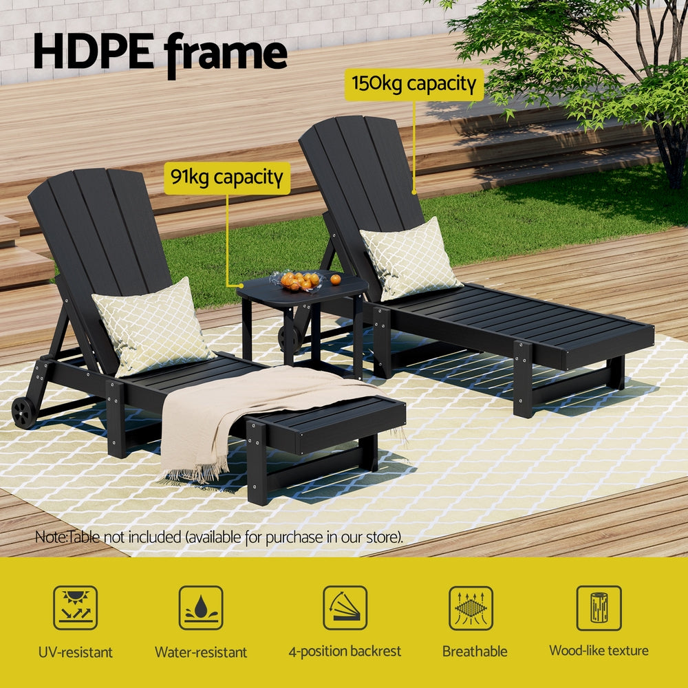 Gardeon Sun Lounge Lounger Table and Chairs Beach Chair HDPE Patio Outdoor Furniture Wheels Black - Homecoze