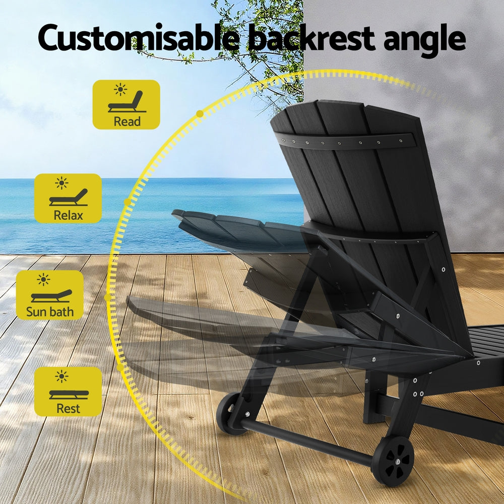 Gardeon Sun Lounge Lounger Table and Chairs Beach Chair HDPE Patio Outdoor Furniture Wheels Black - Homecoze