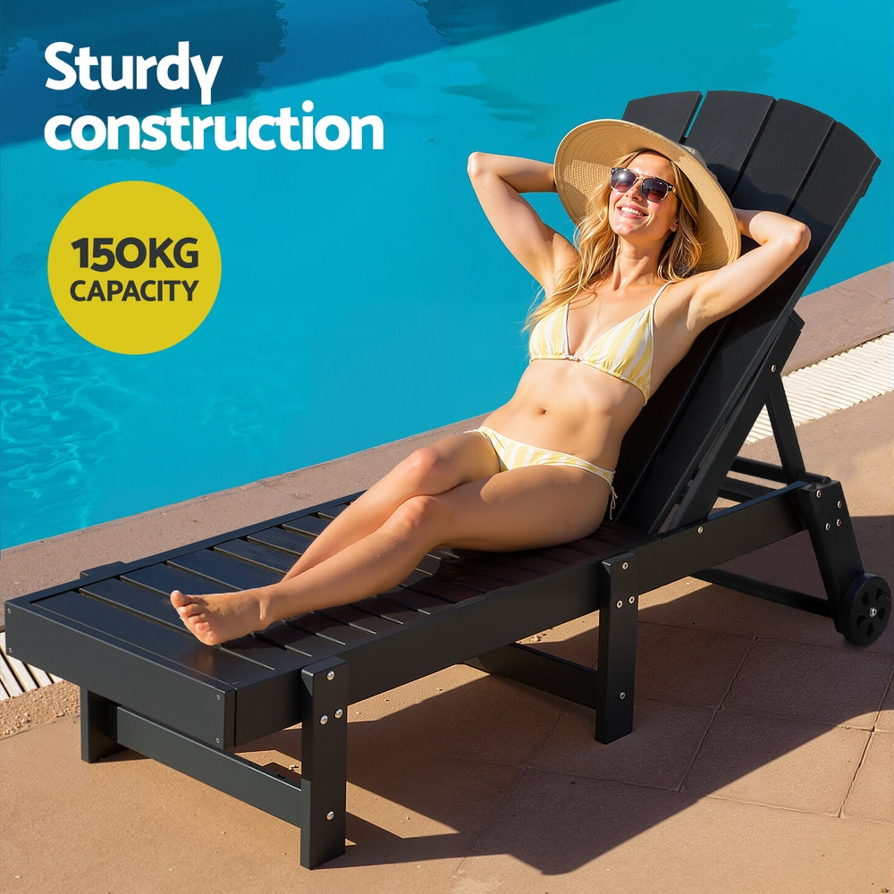 Gardeon Sun Lounge Lounger Table and Chairs Beach Chair HDPE Patio Outdoor Furniture Wheels Black - Homecoze