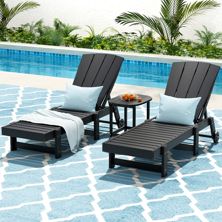 Gardeon Sun Lounge Lounger Table and Chairs Beach Chair HDPE Patio Outdoor Furniture Wheels Black - Homecoze