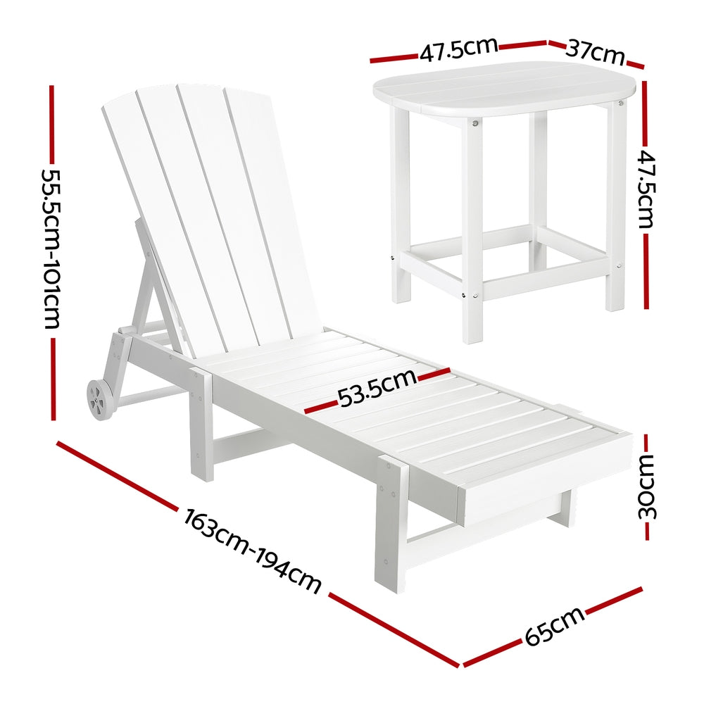 Gardeon Sun Lounge Lounger Table and Chairs Beach Chair Adirondack HDPE Patio Outdoor Furniture Wheels White - Homecoze
