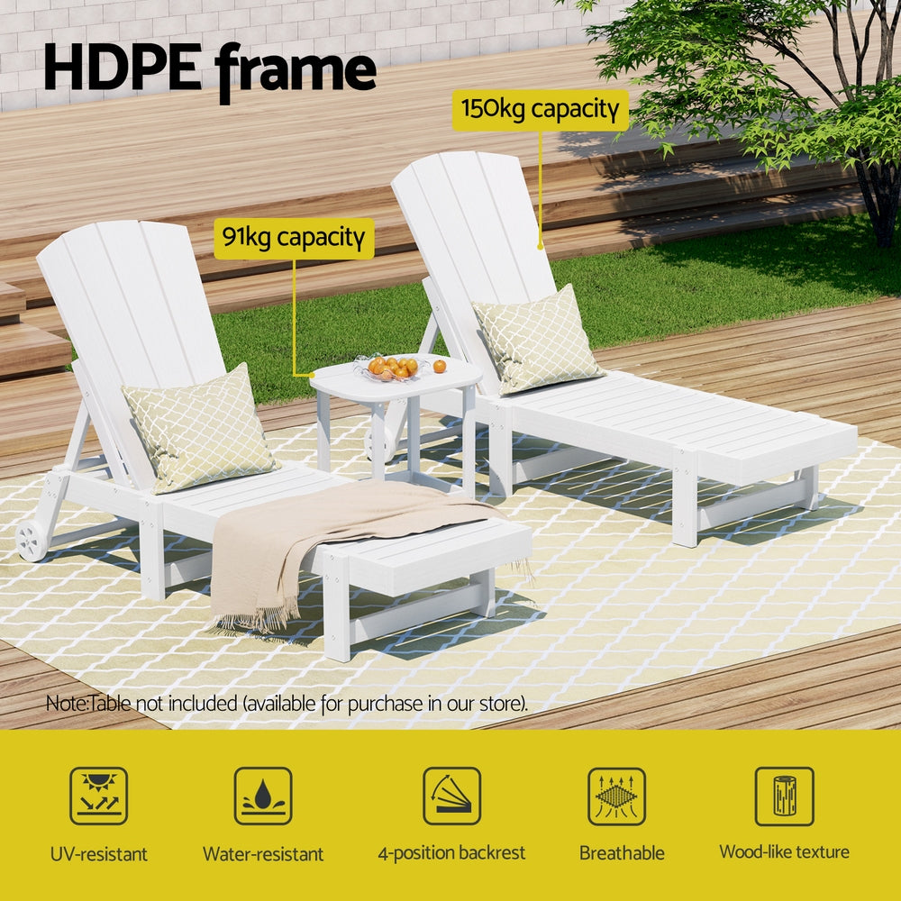 Gardeon Sun Lounge Lounger Table and Chairs Beach Chair Adirondack HDPE Patio Outdoor Furniture Wheels White - Homecoze