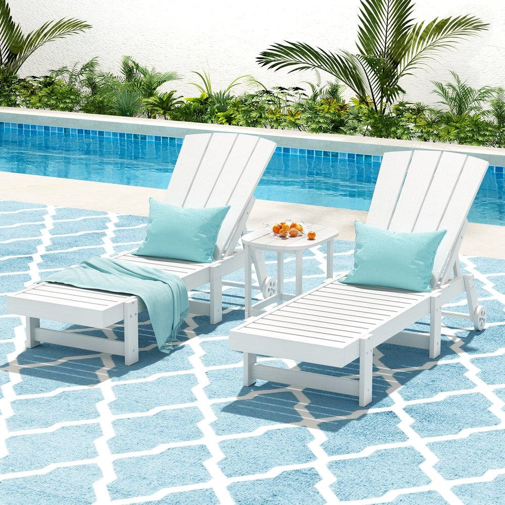 Gardeon Sun Lounge Lounger Table and Chairs Beach Chair Adirondack HDPE Patio Outdoor Furniture Wheels White - Homecoze