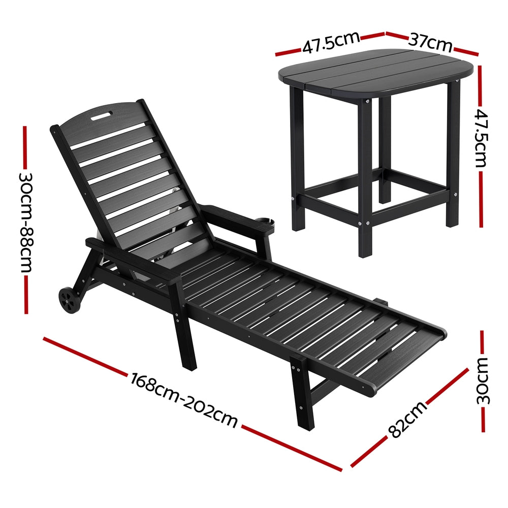 Gardeon Sun Lounge Lounger Beach Chair HDPE Patio Outdoor Furniture with Wheels Black - Homecoze