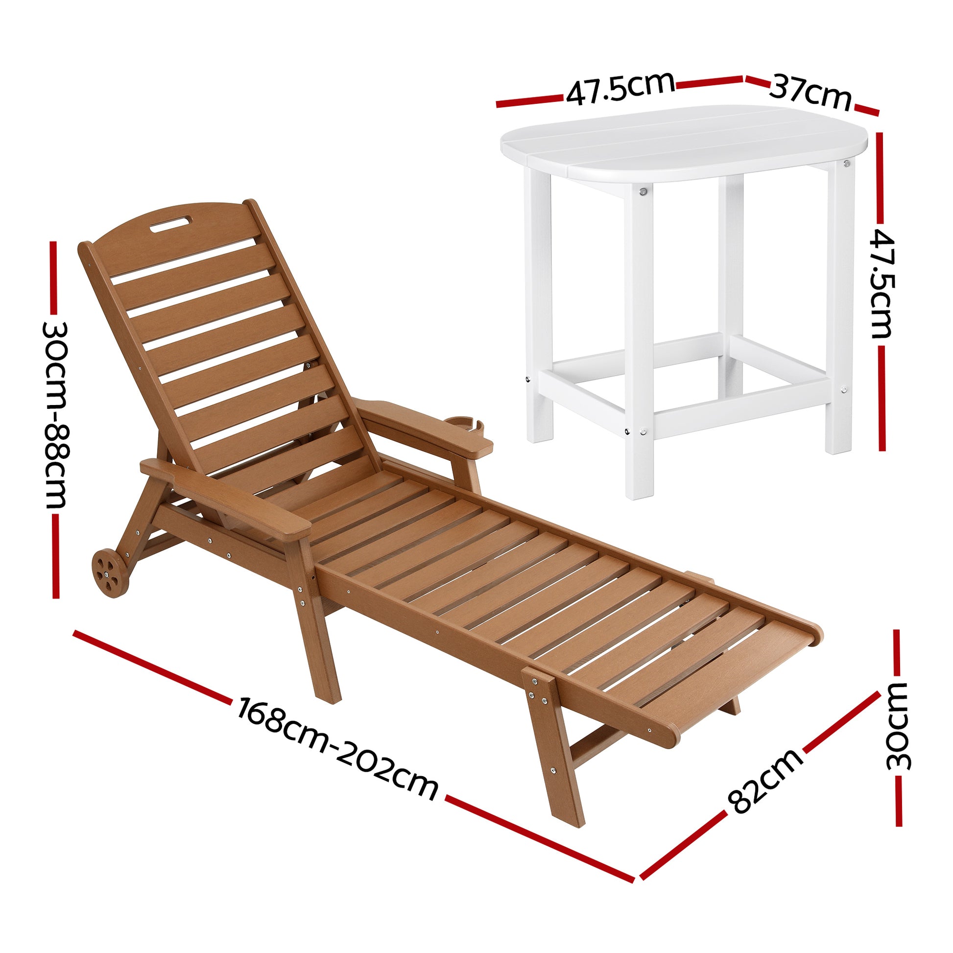 Gardeon Sun Lounge Lounger Table and Chairs Beach Chair HDPE Patio Outdoor Furniture Wheels Brown - Homecoze