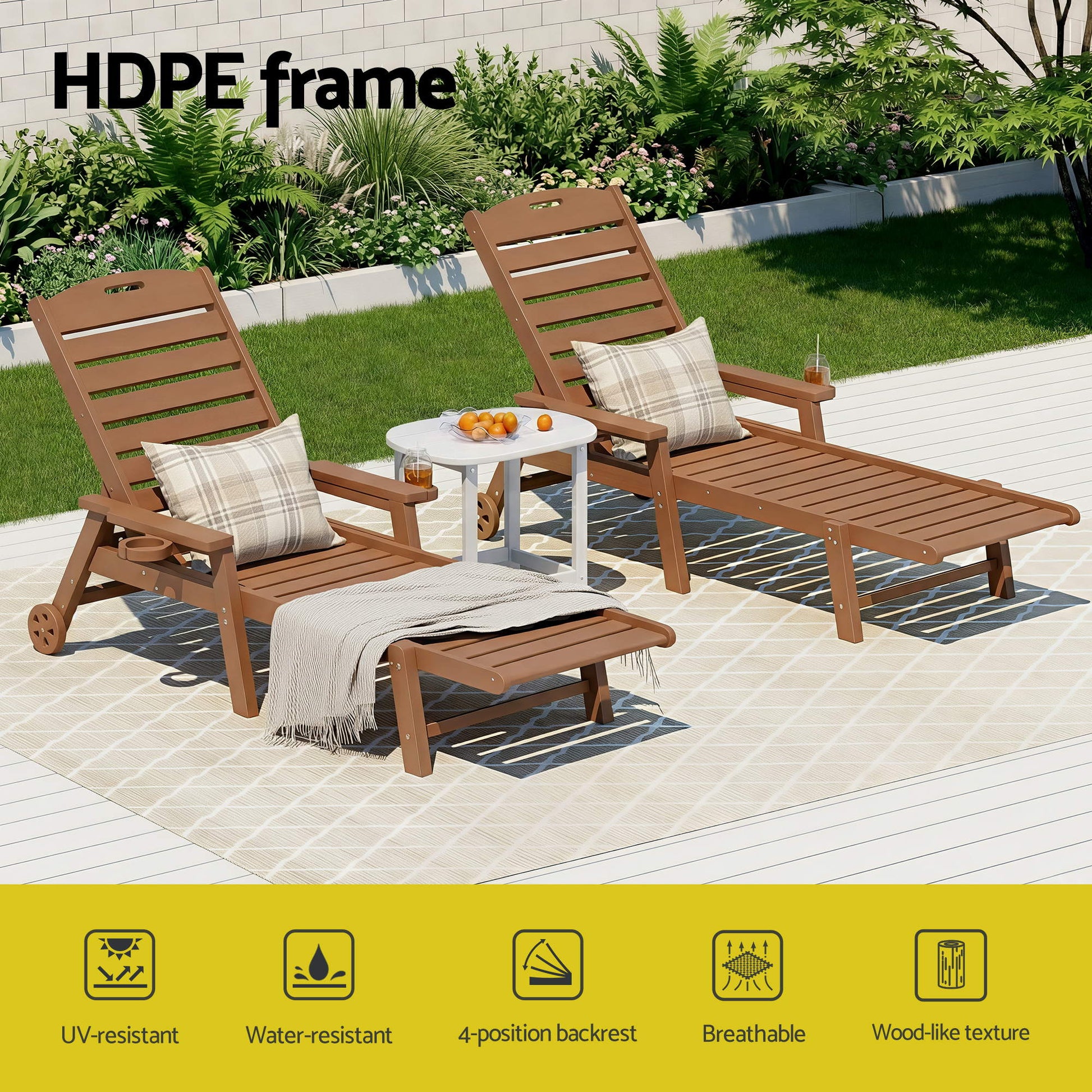 Gardeon Sun Lounge Lounger Table and Chairs Beach Chair HDPE Patio Outdoor Furniture Wheels Brown - Homecoze