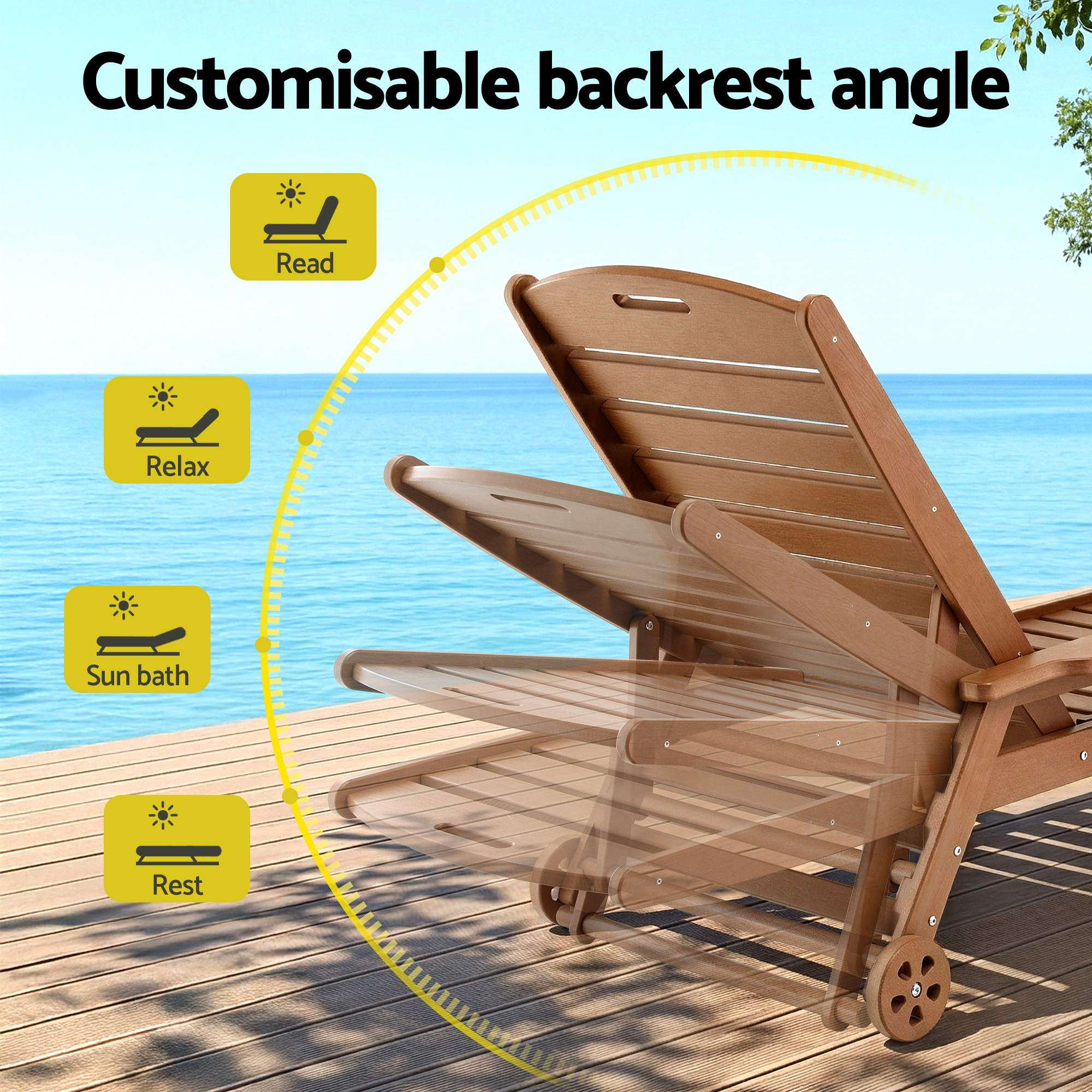 Gardeon Sun Lounge Lounger Table and Chairs Beach Chair HDPE Patio Outdoor Furniture Wheels Brown - Homecoze