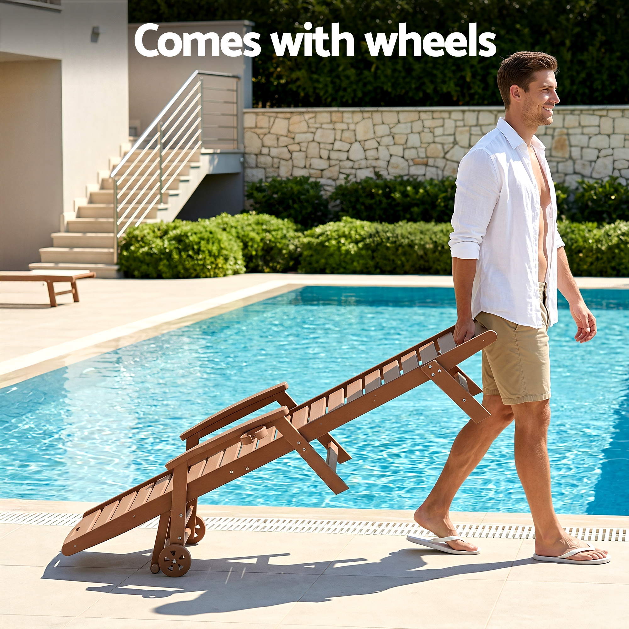 Gardeon Sun Lounge Lounger Table and Chairs Beach Chair HDPE Patio Outdoor Furniture Wheels Brown - Homecoze