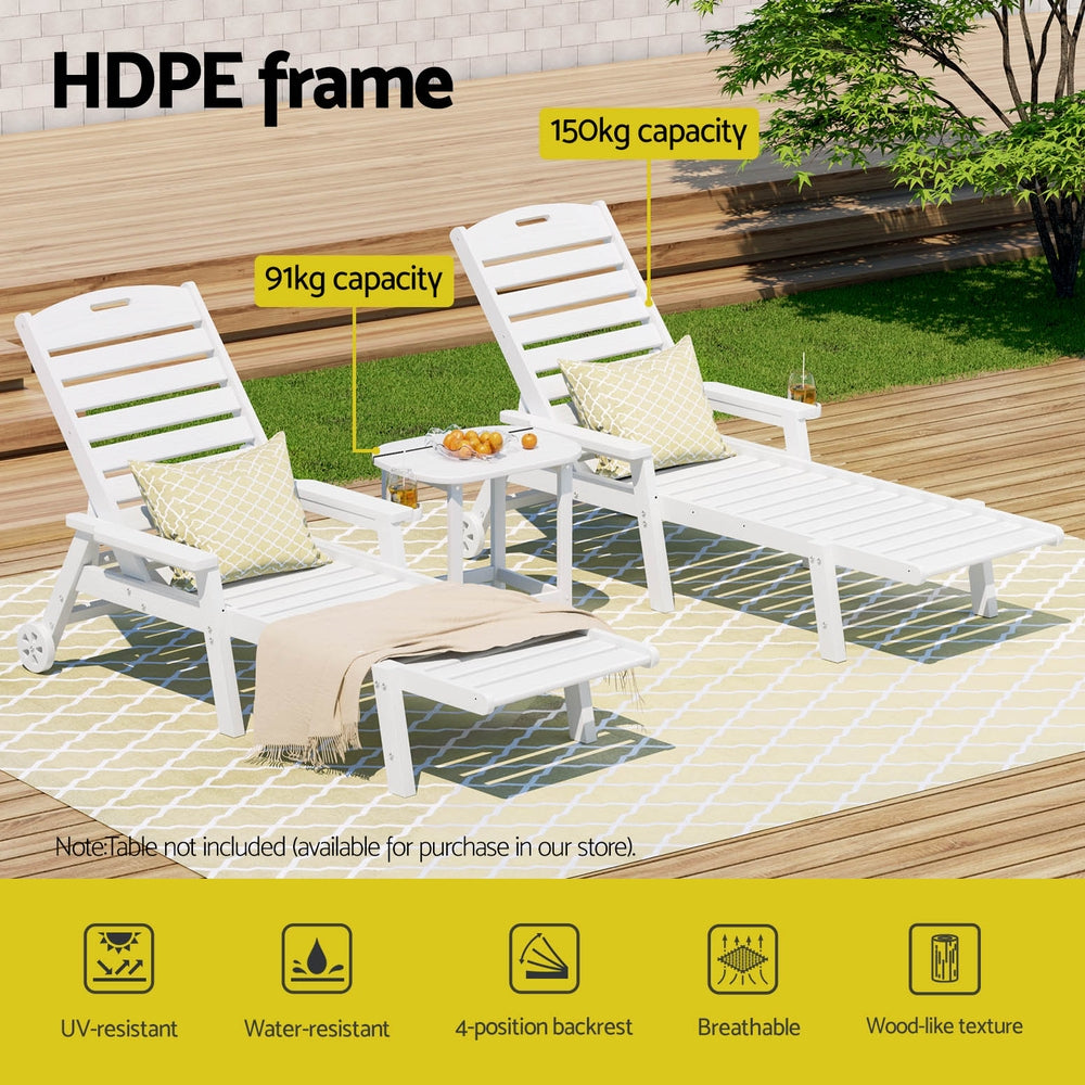 Gardeon Sun Lounge Lounger Beach Chair HDPE Patio Outdoor Furniture with Wheels White - Homecoze