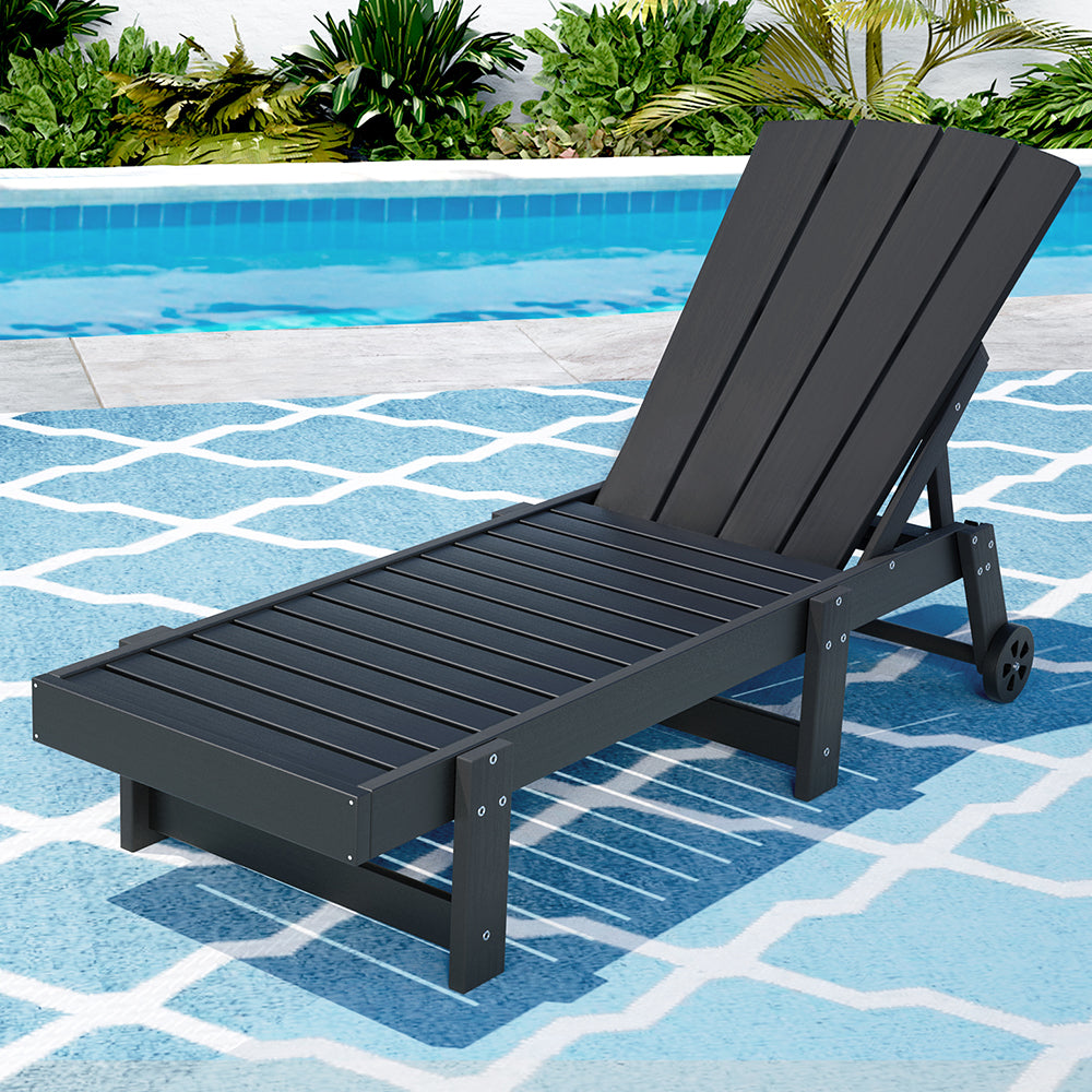 Gardeon Sun Lounge Beach Chair HDPE Adirondack Lounger Patio Outdoor Furniture with Wheels Black - Homecoze
