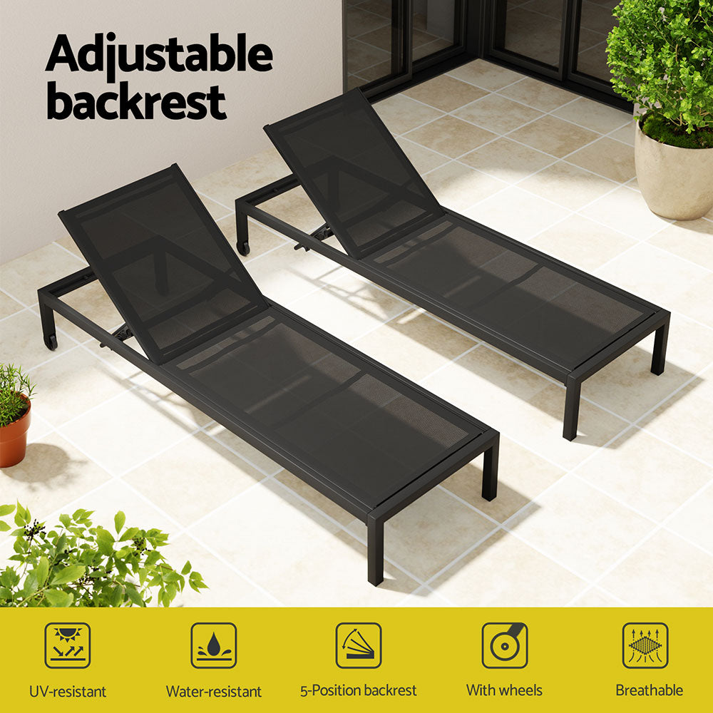 Outdoor Aluminium Sun Lounger with Wheels - Black