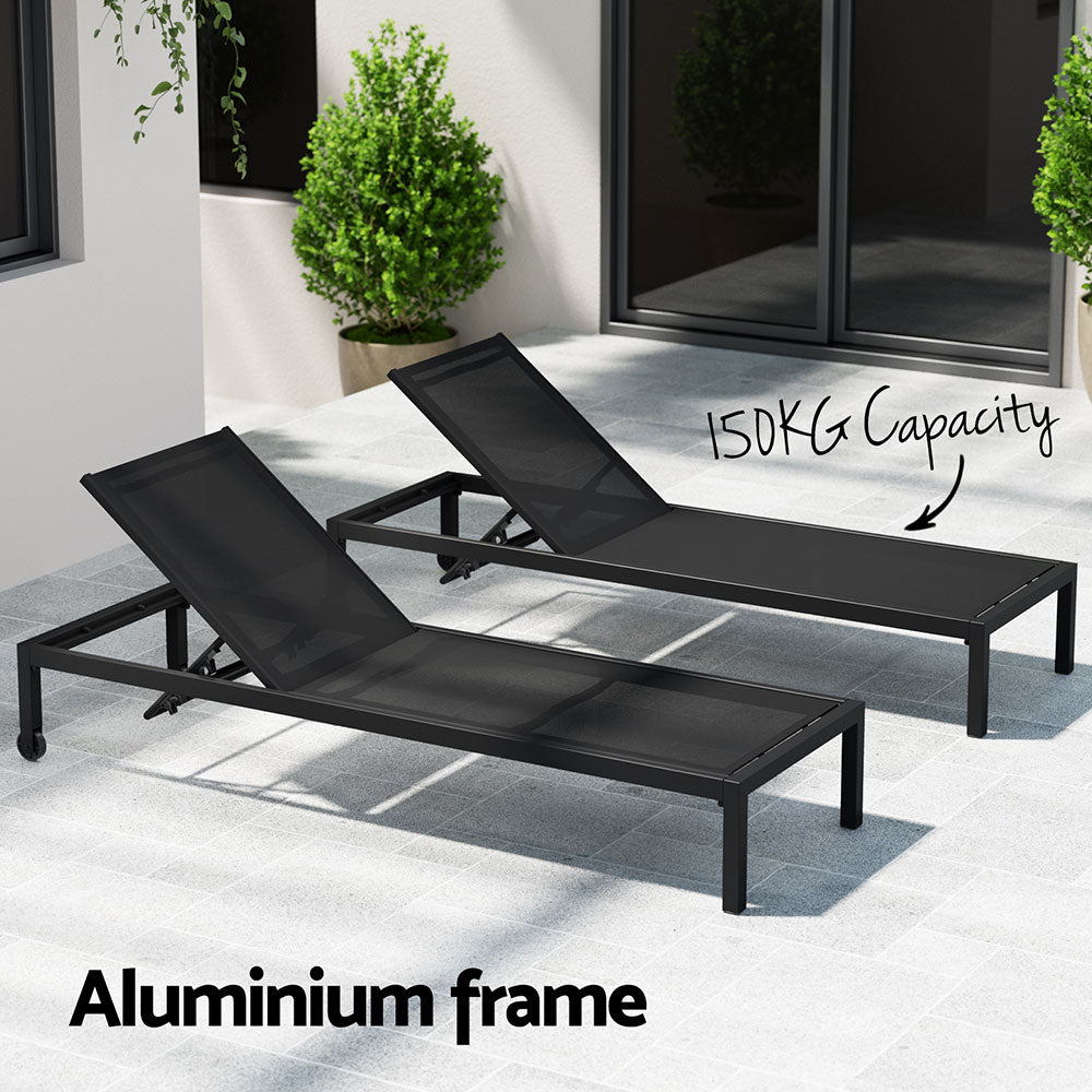 Outdoor Aluminium Sun Lounger with Wheels - Black