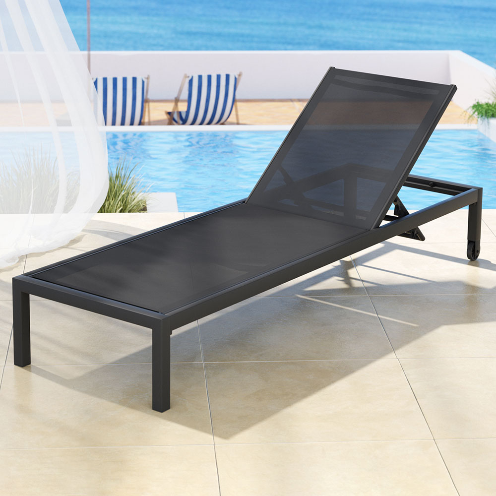 Outdoor Aluminium Sun Lounger with Wheels - Black