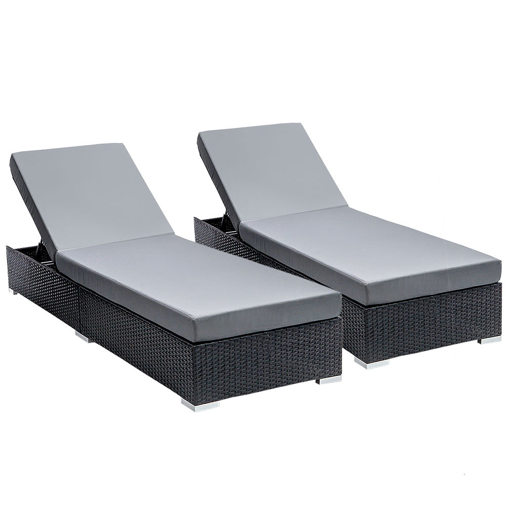 Set of 2 Cushioned Wicker Sun Lounges - Black & Grey/Beige/Red - Homecoze
