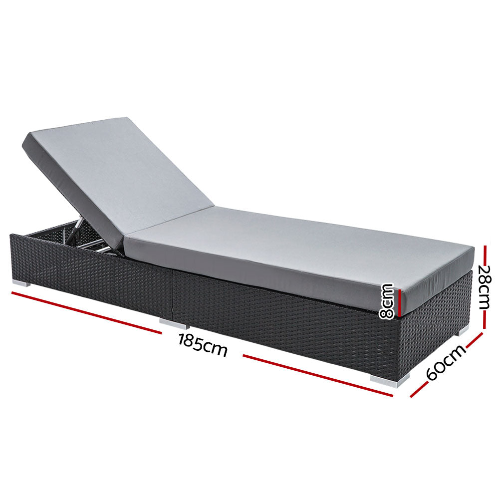 Set of 2 Cushioned Wicker Sun Lounges - Black & Grey/Beige/Red - Homecoze
